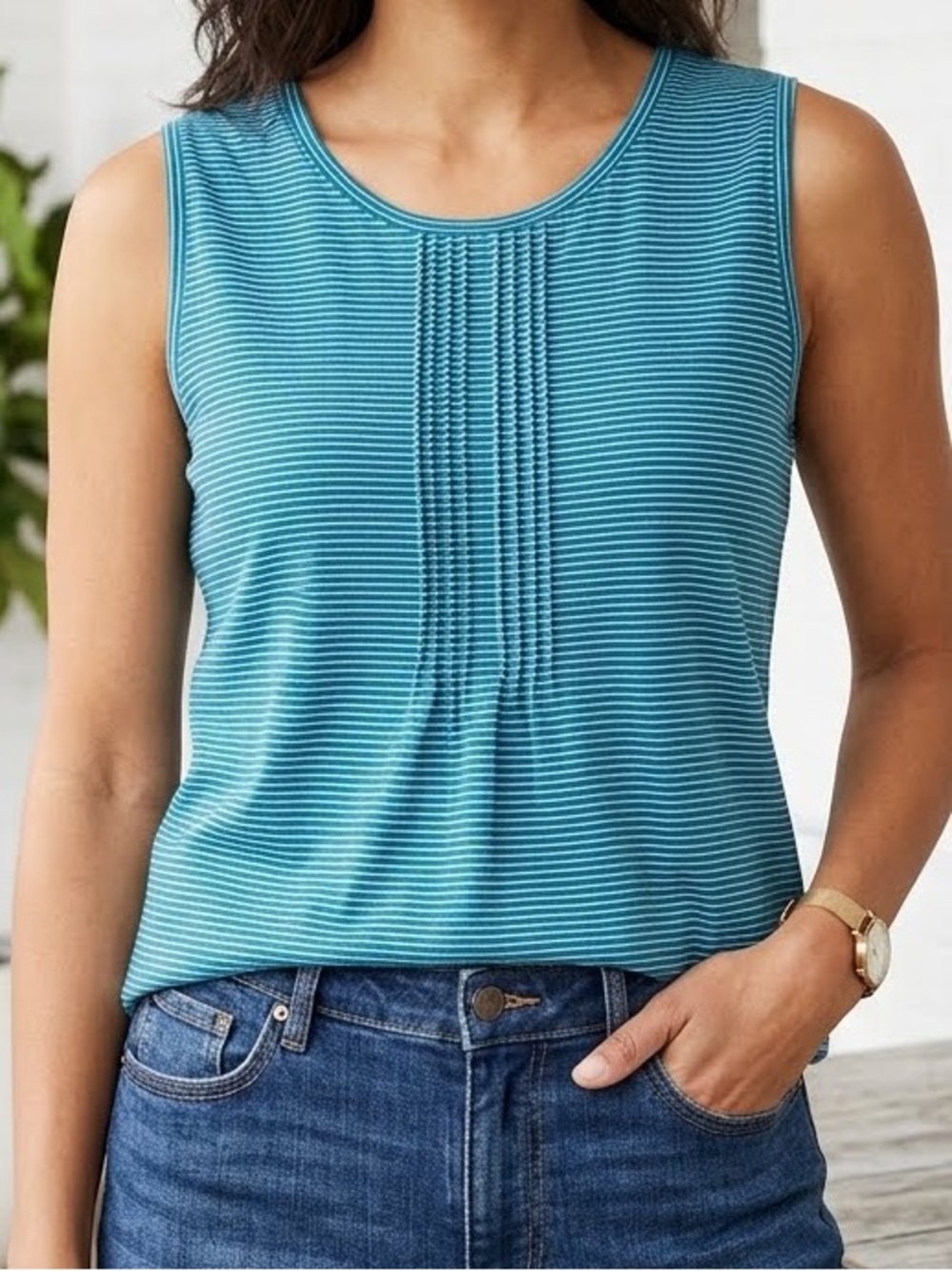 Lands' End Tank Top Tee Blue White Pleated Front Striped Sleeveless Plus Size 1X
